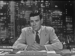 1952: PROGRAM EXPOSITION: Anchor Frank Blair sitting behind desk w/ cityscape BG, SOT saying sightings older than US, dreams became real WWII, atomic bomb, hundreds of sightings reported, explained, CU Salem Coast Guard photo of UFOs, July 16th Instructional Video