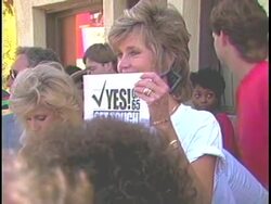 Jane Fonda with Morgan Fairchild at a prop 65 rally 1986 Stock Footage