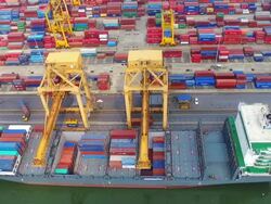 Aerial View of Industrial port with containers ship Stock Footage
