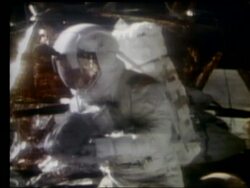 close up of astronaut holding moon rock by lunar module on Moon Stock Footage