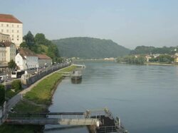 WS PAN Linz Castle with Danube River pan to Urfahr and the Poestlingberg with its church in background Stock Footage