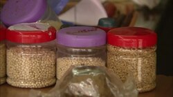 Labels on jars identify spices on a vendor's table in Kochi, India. Stock Footage