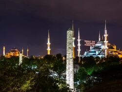High view on Blue Mosque and Hagia Sophia at night Stock Footage
