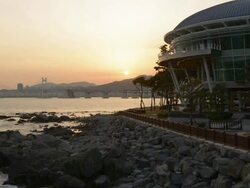 WS T/L View of Nurimaru APEC House at sunset / Changwon, Gyeongsangnam do, South Korea  Stock Footage