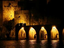 Night view of Alanya castle and historical shipyard Stock Footage
