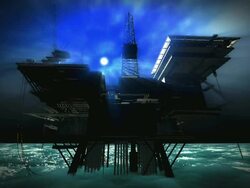 Oil platform engulfed by foggy moonlit night Stock Footage