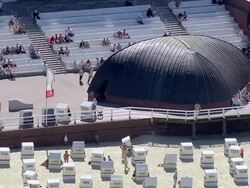 MS AERIAL View of people enjoying at seashore / Sylt, Schleswig-Holstein, Germany Stock Footage