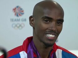 INTERVIEW: Mohamed Farah on what he listens to before a race Team GB Medal Winners Press Conference: Mo Farah, Olympic Gold Medalist 5000M and 10,000M at Olympic Park on August 12, 2012 in London, England (Footage by Getty Images) Stock Footage