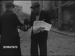 1947: PARIS, FRANCE: COMMUNIST LABOR RALLY: Male passing out papers to tug captain, male passing out papers on the street, HA WS HUGE Communists rally in street, VS People in crowd, Instructional Video