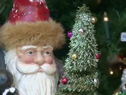 CU ZO Santa claus statue front of christmas tree / Rothenburg o.d. Tauber, Bavaria, Germany Stock Footage
