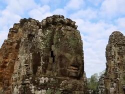 Angkor, Bayon Temple, the huge stone faces in the upper terrace Stock Footage