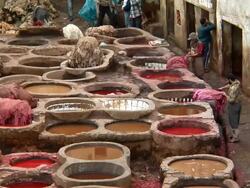 MS, HA, Dyeing vats at tannery, Fez, Morocco Stock Footage