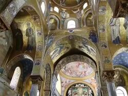 Martorana (Santa Maria dell'Ammiraglio) church, view of the nave and the ceiling with mosaics and paintings, Palermo, Sicily Stock Footage