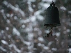 CU Snow Scene of Choamsa( Old Buddhist temple at Yeongju) and fish shaped bell / Yeongju, Gyeongsangbuk do, South Korea Stock Footage