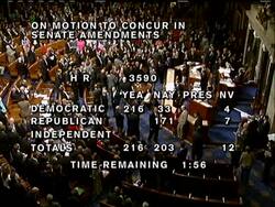 The Democratic-controlled Congress has approved historic legislation extending health care to tens of millions of Americans who lack it and cracking down on insurance company abuses.  Sunday''s vote in the House was 219-212 News Clip