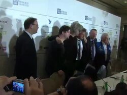Jaka Bizilj, Jan Josef Liefers, Bob Geldof, Sean Penn, Alain Visser, Buss Aldrin at the Cinema for Peace Press Conference: 61st Berlin International Film Festival at Berlin . (Footage by WireImage Video/GettyImages) Stock Footage
