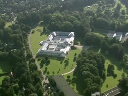 MS AERIAL PAN TS View of Botanical gardens and greenhouse / Brussels, Belgium Stock Footage