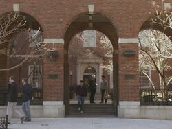 WS View of student talking with professor at NYU School of Law / New York City, New York, USA Stock Footage