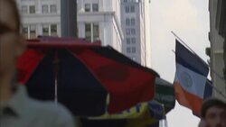 MS TD TU Pedestrians walking on street past food vendor near Woolworth Building / Manhattan, New York, New York, USA Stock Footage