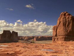 Classic view of desert in Arches National Park from La Sal Mountains overlook Stock Footage