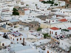 Roof top bars in the centre of Rhodes town, Rhodes Island, Aegean Sea, Greece, Europe Stock Footage