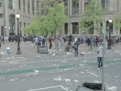 WS PAN Police horse dispersing crowd  AUDIO / Vancouver, Britsh Columbia, Canada Stock Footage