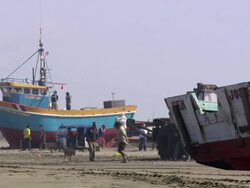 "Colourful wooden boats sitting on sandy beach, men and dogs milling around, motorised rickshaw drives past, Trujillo, Peru [PerÃƒÂº]" Stock Footage