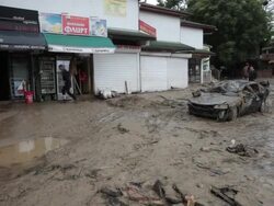 Smashed and overturned vehicles after the devastating flooding in Varna, Bulgaria Stock Footage