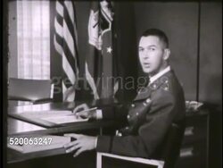 1963: UNITED STATES AIR FORCE ACADEMY: VS Unidentified officer sitting at desk in office talking about the dedication of cadets to complete training, move onto duties, build upon dedication. Colorado, CO, Rampart Range Instructional Video