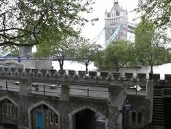 Southern wall and the tower bridge in the background, Tower of London Stock Footage