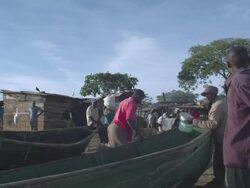 WS Unloading small fishing boat at lake shore / Buikwe, Uganda Stock Footage