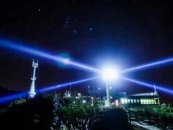 WS T/L Beam of light flashing in night sky studded with stars / Ulleung, Gyeongsangbuk do, South Korea Stock Footage