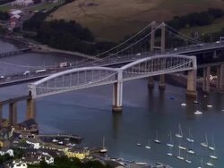 AERIAL, Royal Albert Bridge and modern road bridge, Saltash, England Stock Footage