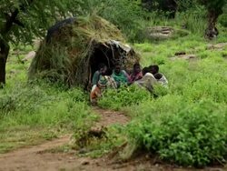 hadzabe women sitting by a fire at the entrance to a straw hut Stock Footage