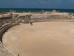 WS PAN People walking at Caesarea historic site / Caesarea, Mechoz Cheifa, Israel Stock Footage