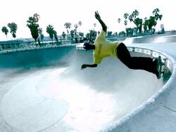 WS SLO MO Shot of Guy grinds along top of skate park bowl / Venice, California, United States Stock Footage