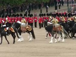 MS ts Shot of Queen's Birthday Parade with horse gurads in Trooping Colour at Whitelhall AUDIO / London, United Kingdom Stock Footage