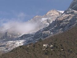 WS Small Monastery Lauda Gompa in Sherpa Village on mountain / Mende, Khumbu Region, Nepal Stock Footage