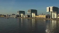 Crane Houses at Rheinau Harbour, Cologne, North Rhine-Westphalia, Germany Stock Footage