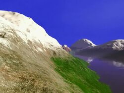 Computer generated image time lapse wide shot clouds and wind passing over snow-covered mountains + lake / snow melting / snow blanketing Stock Footage
