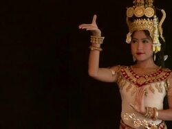 CU ZO Female trio of apsara dancers performing dance on stage / Phnom Penh, Cambodia Stock Footage