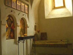 MS TU Shot of interior of chapel at david gareja cave monastery complex / Davit Gareja, kakheti, Georgia  Stock Footage