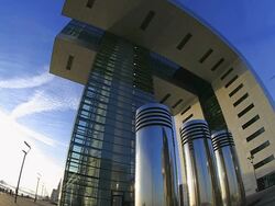 MS LA Shot of Modern buildings at Rheinau Halbinsel with Rhine river / Cologne, North Rhine Westphalia, Germany Stock Footage