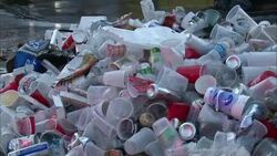 Cans, plastic cups and other trash litters a street in New Orleans. Stock Footage