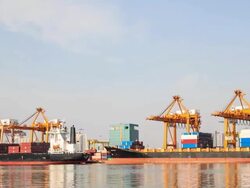 HD Time Lapse : Crane is working in shipyard. Stock Footage