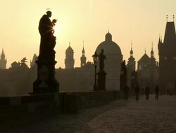 MS Sun flare front of charles bridge / Prague, Hlavni mesto Praha, Czech Republic Stock Footage