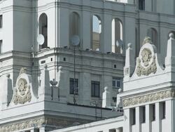 CU Detail of Kotelnicheskaya Embankment building (One of Stalin's Seven Sisters) / Moscow, Russia Stock Footage