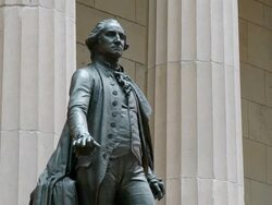 MS View of George Washington statue outside of Wall Street, stock exchange  / New York City, New York State, USA  Stock Footage