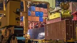 4K time-lapse : working crane loading bridge in shipyard Stock Footage