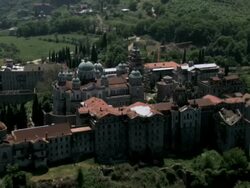 WS AERIAL DS Moni Koutolomousiou monastery / Mt. Athos, Macedonia, Greece Stock Footage